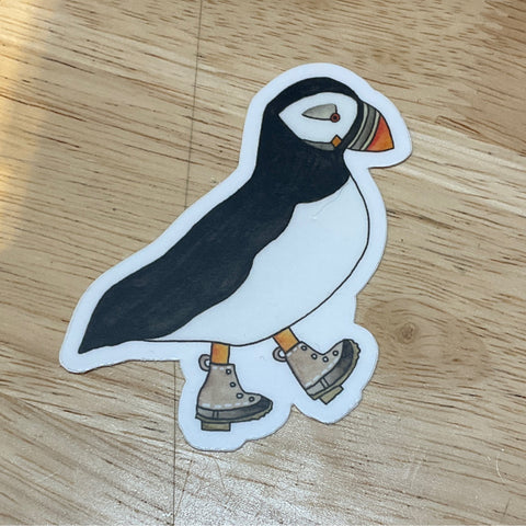 Puffin Wearing Maine Boots Sticker by @scribblesanddoodlez