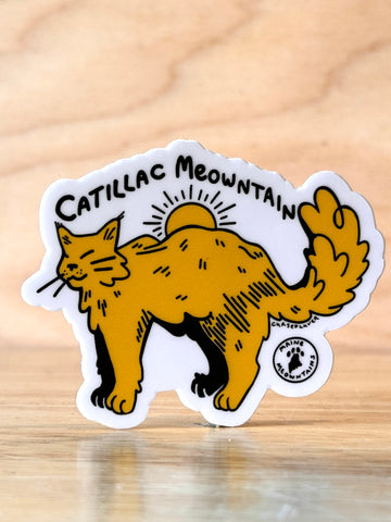 Maine Meowntains Catillac Meowntain Sticker by @cursedluver