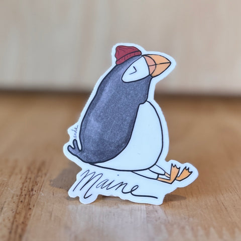 Maine Puffin with Hat One Inch Sticker - Andy Lynch